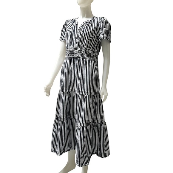Quince Organic Cotton Tiered Maxi Dress Navy White Stripe Smocked Resortwear M - Picture 5 of 17